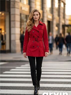 croft & barrow Red Double-Breasted Trench Coat with Belt